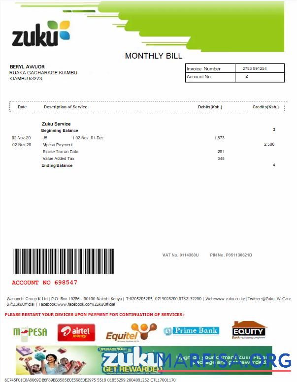 Blank KENYA ZUKU utility bill Word and PDF template